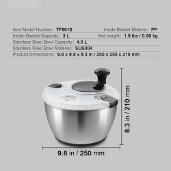 Salaattilinko 304-ruostumaton teräskulho 4,5 l sisäkori 3 l yhdellä kädellä BPA-vapaa