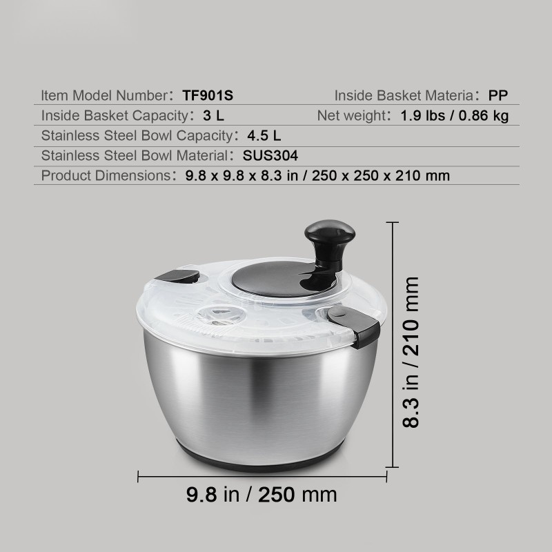 Salaattilinko 304-ruostumaton teräskulho 4,5 l sisäkori 3 l yhdellä kädellä BPA-vapaa