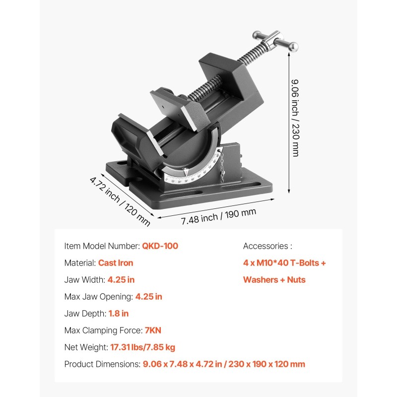 Kallistettava valurautainen porapuristinruuvi 4,25 tuuman leukaleveys 0-90 asteen kulmasäätö