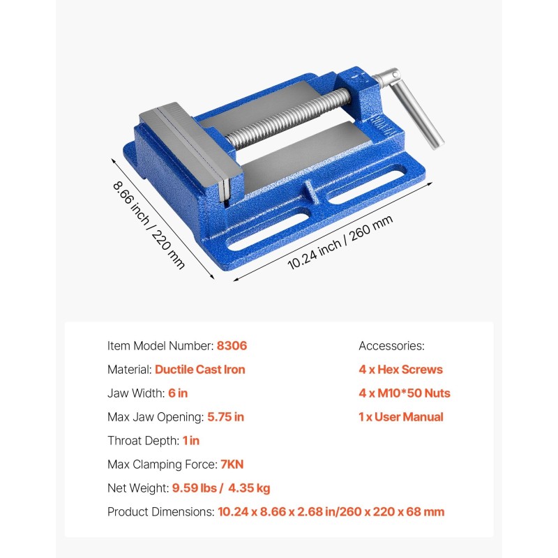Porapuristimen ruuvipenkki pallografiittivalurautainen 6 tuuman leukaleveys 7 kilonewtonin puristusvoima pitkät kiinnitysurat