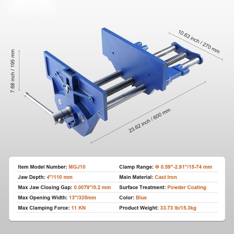 Penkkipuristin valurautarunkoinen 335 mm avautuma 11 kN puristusvoima nopea vapautusvipu