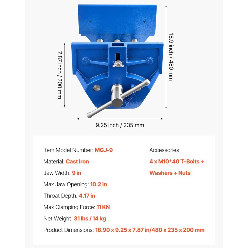 Puusepän ruuvipenkki valurautarunko 9 tuuman leukaleveys 10,2 tuuman avautuma pikalukitus säädettävä etupysäytin