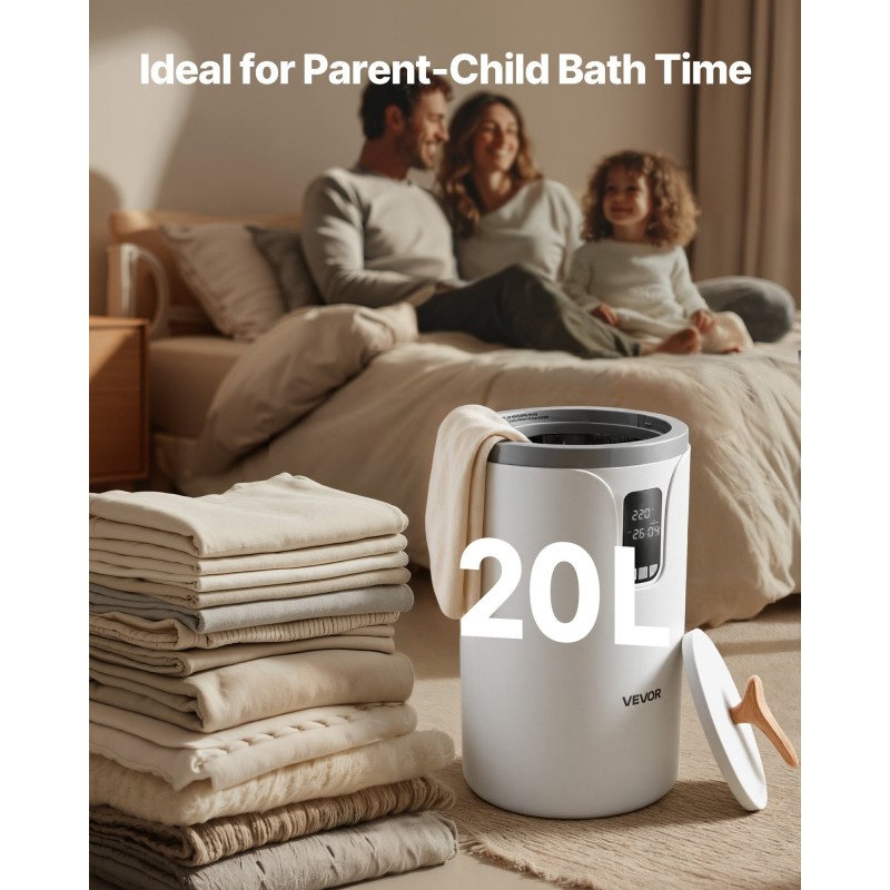 Ämpärimallinen pyyhkeenlämmitin kaksikymmenen litran tilavuus kolmelle pyyhkeelle vuorokauden viiveajastin lapsilukolla
