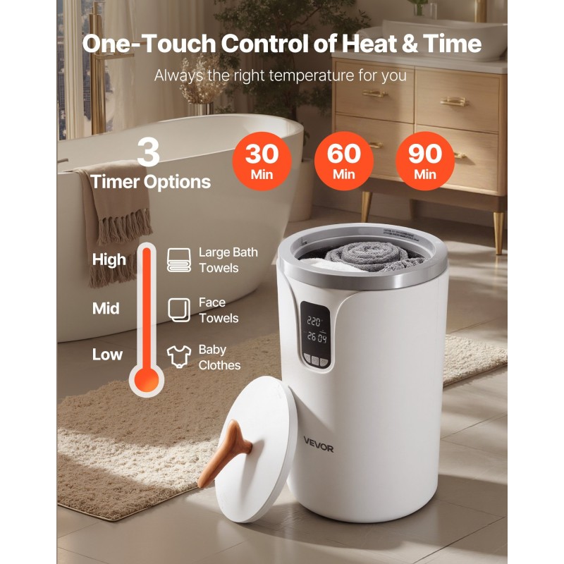 Ämpärimallinen pyyhkeenlämmitin kaksikymmenen litran tilavuus kolmelle pyyhkeelle vuorokauden viiveajastin lapsilukolla