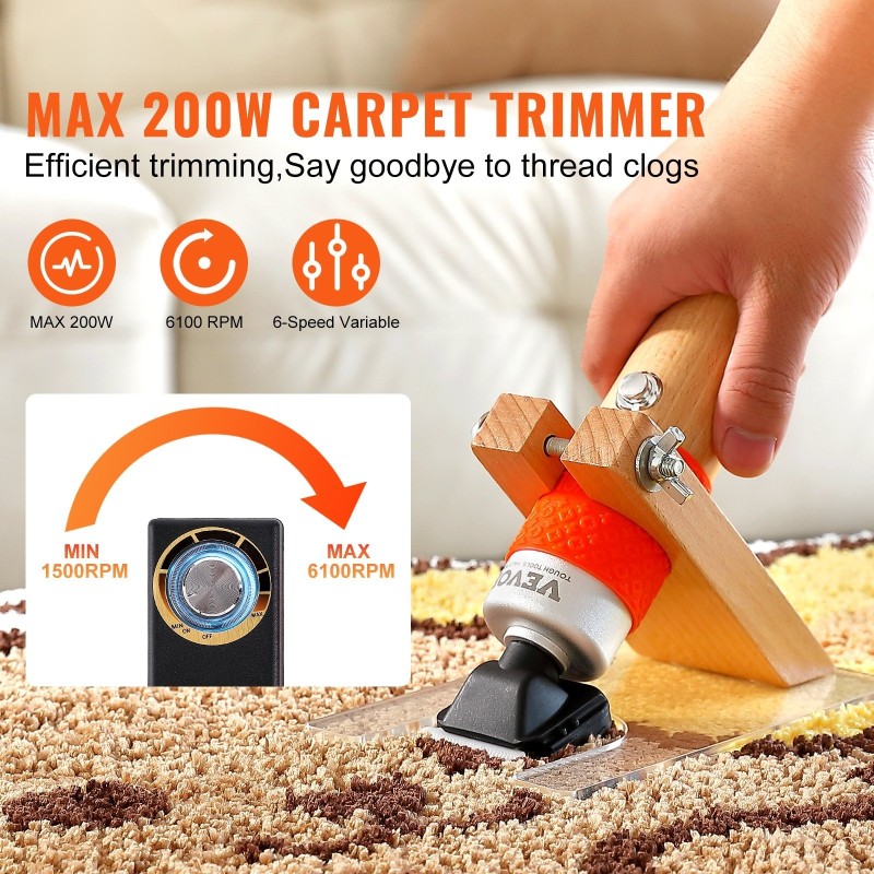 Sähköinen matonleikkuri puukahvalla kuusiportaisella nopeudensäätöllä tuftatuille matoille