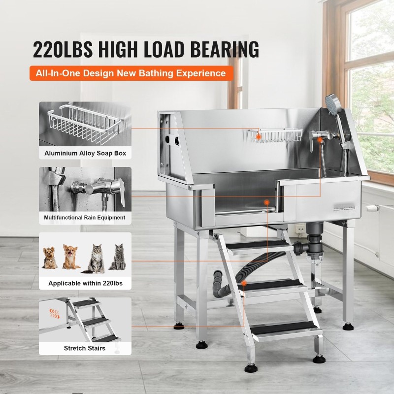 Lemmikkien pesuallas ruostumattomasta teräksestä 34 tuumaa 100 kg kantavuudella säilytyslaatikolla