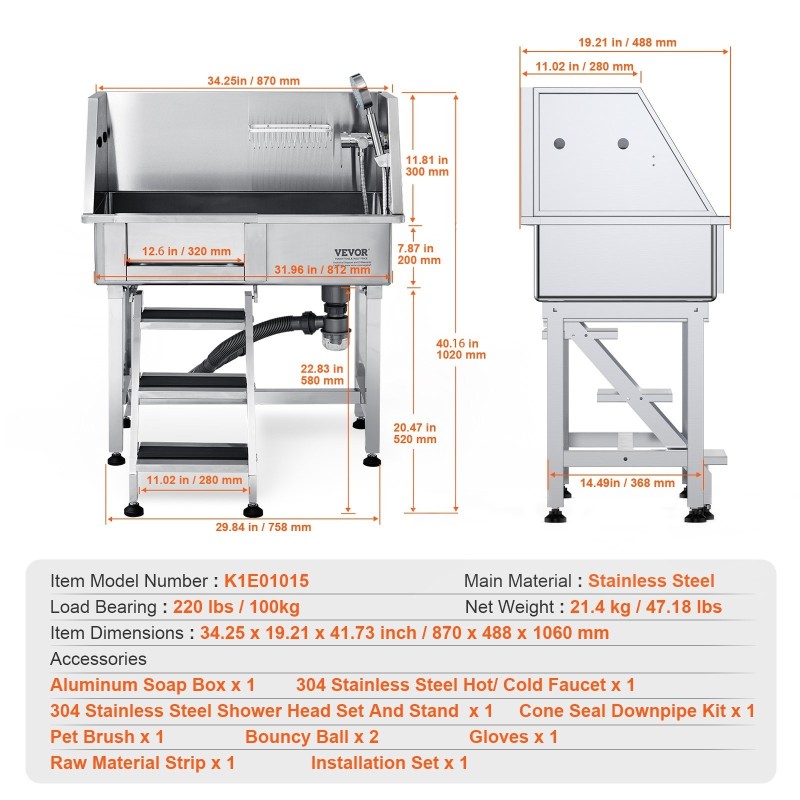 Lemmikkien pesuallas ruostumattomasta teräksestä 34 tuumaa 100 kg kantavuudella säilytyslaatikolla