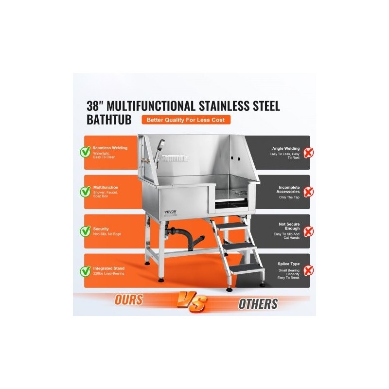 Koiran pesuallas ruostumaton teräs 96,5 cm rampilla liukumaton ritiläpohja 100 kg kantavuus