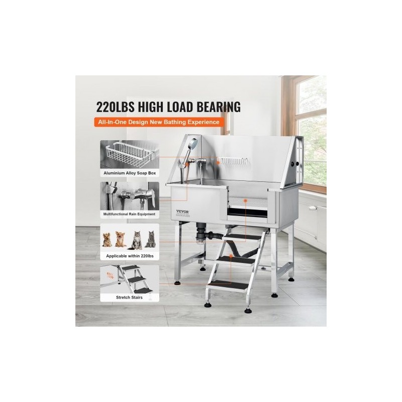 Koiran pesuallas ruostumaton teräs 96,5 cm rampilla liukumaton ritiläpohja 100 kg kantavuus