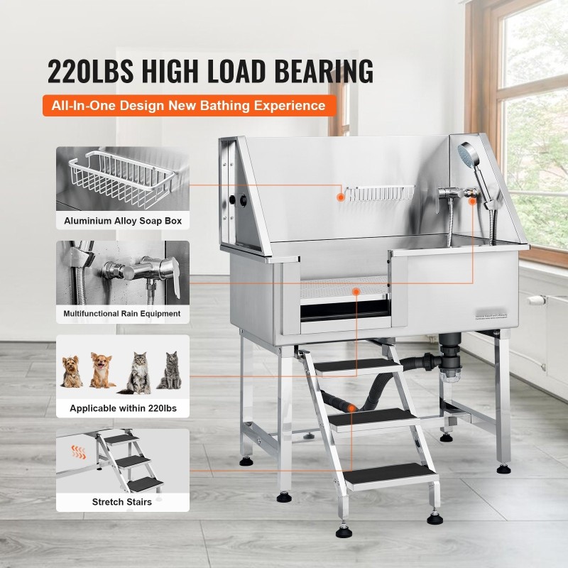 Lemmikkien kylpyallas ruostumatonta terästä 96,5 senttimetriä ramppi säilytyslaatikko ritilälattia 100 kilogrammaa