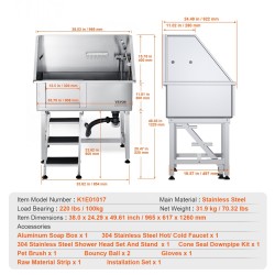 Lemmikkien kylpyallas ruostumatonta terästä 96,5 senttimetriä ramppi säilytyslaatikko ritilälattia 100 kilogrammaa