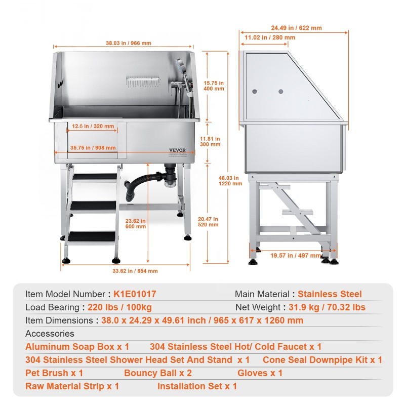 Lemmikkien kylpyallas ruostumatonta terästä 96,5 senttimetriä ramppi säilytyslaatikko ritilälattia 100 kilogrammaa