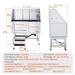 Koirankylpyallas sähköisesti säädettävä 304 ruostumaton teräs 1270 mm 150 kg vasen ovi