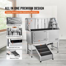 Ruostumattomasta teräksestä koirien pesuallas 1270 mm sähköisellä korkeudensäätöllä vasemmalla ovella ja luiska