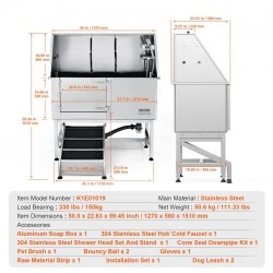 Ruostumattomasta teräksestä koirien pesuallas 1270 mm sähköisellä korkeudensäätöllä vasemmalla ovella ja luiska