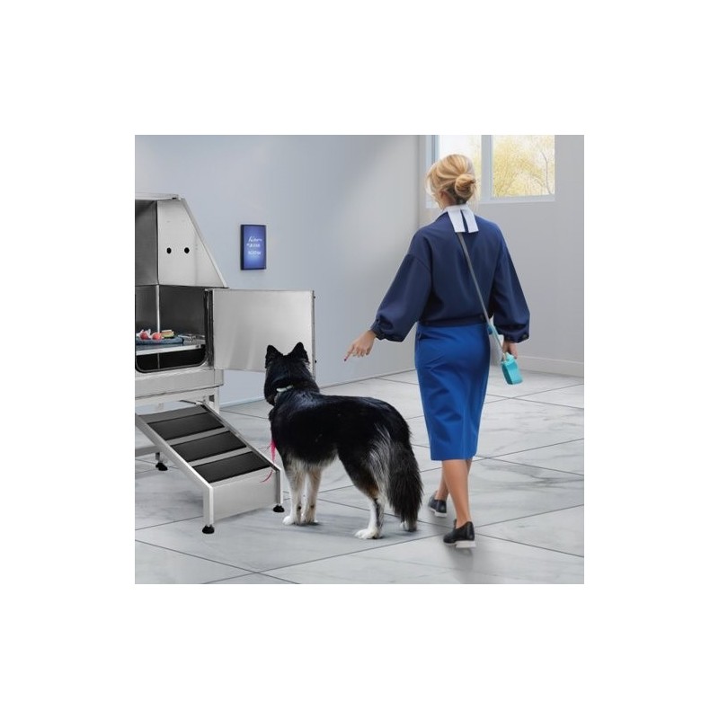 Ruostumattomasta teräksestä koirien pesuallas 1270 mm sähköisellä korkeudensäätöllä vasemmalla ovella ja luiska
