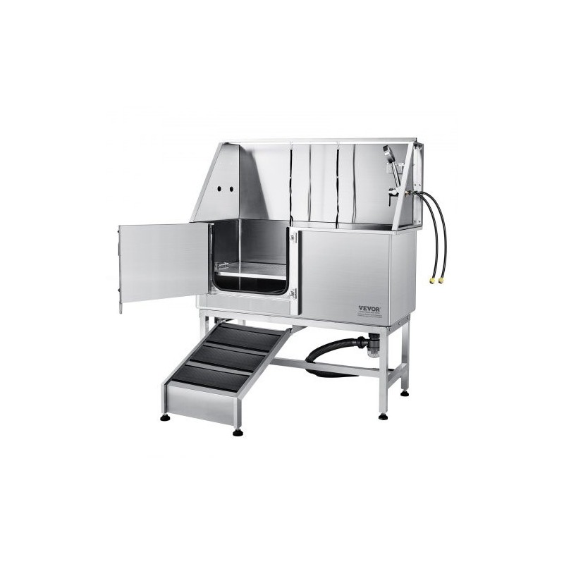 Ruostumattomasta teräksestä koirien pesuallas 1270 mm sähköisellä korkeudensäätöllä vasemmalla ovella ja luiska