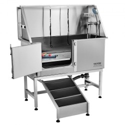 Ruostumattomasta teräksestä koirien pesuallas 1270 mm sähköisellä korkeudensäätöllä vasemmalla ovella ja luiska