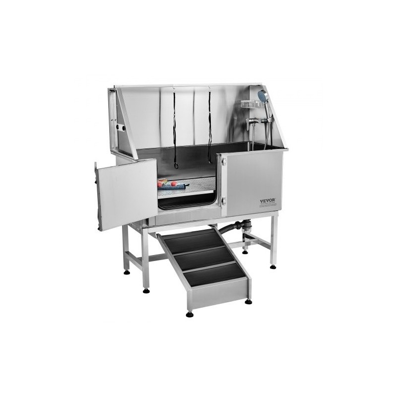 Ruostumattomasta teräksestä koirien pesuallas 1270 mm sähköisellä korkeudensäätöllä vasemmalla ovella ja luiska