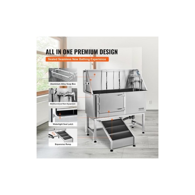 Lemmikkien kylpyallas ruostumattomasta teräksestä rampilla saippualokerolla hanalla ja lisävarusteilla