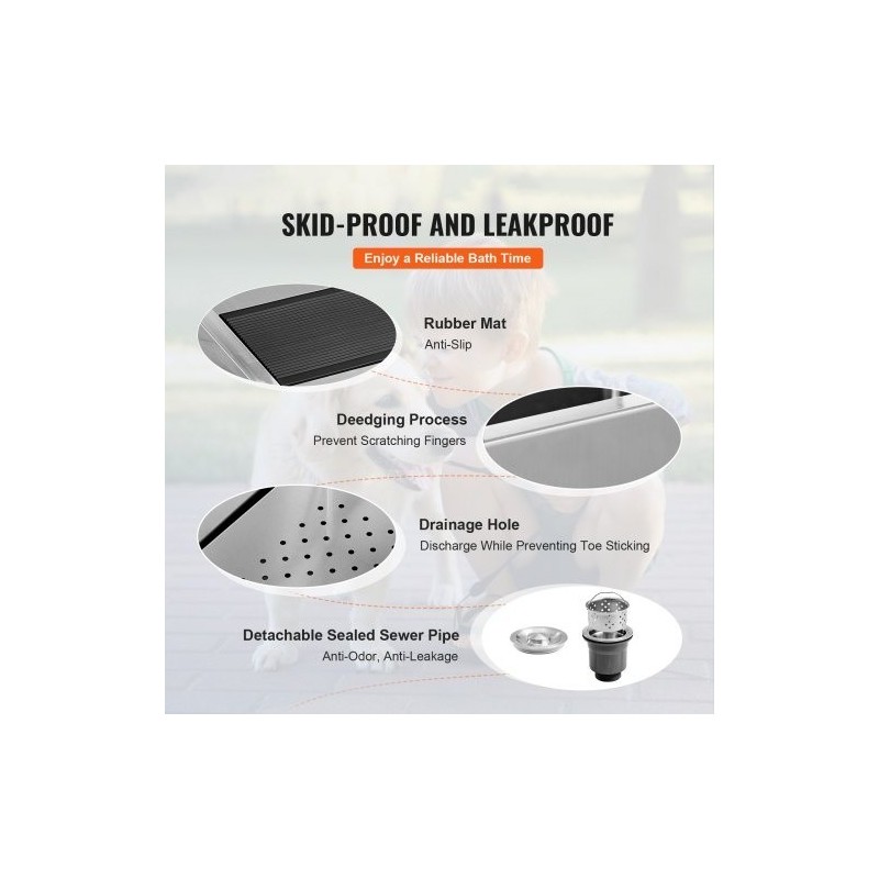 Lemmikkien kylpyallas ruostumattomasta teräksestä rampilla saippualokerolla hanalla ja lisävarusteilla