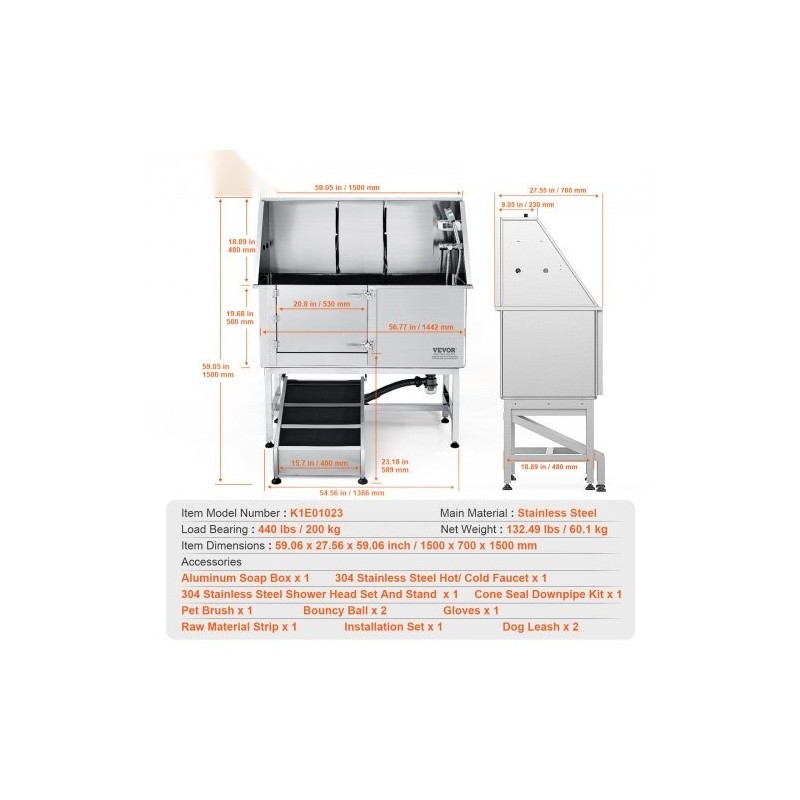 Lemmikkien kylpyallas ruostumattomasta teräksestä rampilla saippualokerolla hanalla ja lisävarusteilla