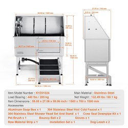 Lemmikkien pesuallas ruostumattomasta teräksestä 62 tuumaa 200 kilogramman kantavuus ramppi hana