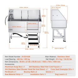 Ruostumaton teräs lemmikkien pesuallas 1575 mm kantavuus 200 kg portaat