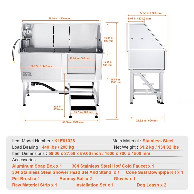 Ruostumaton teräs lemmikkien pesuallas 1575 mm kantavuus 200 kg portaat