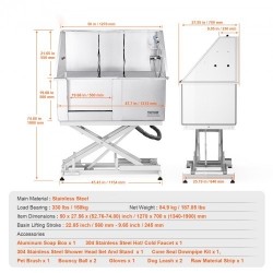 Koiran pesuallas ruostumaton teräs 1270 mm sähkökorkeussäädettävä 150 kg vasen ovi