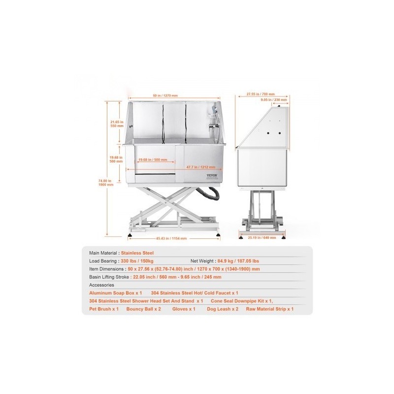 Koiran pesuallas ruostumaton teräs 1270 mm sähkökorkeussäädettävä 150 kg vasen ovi