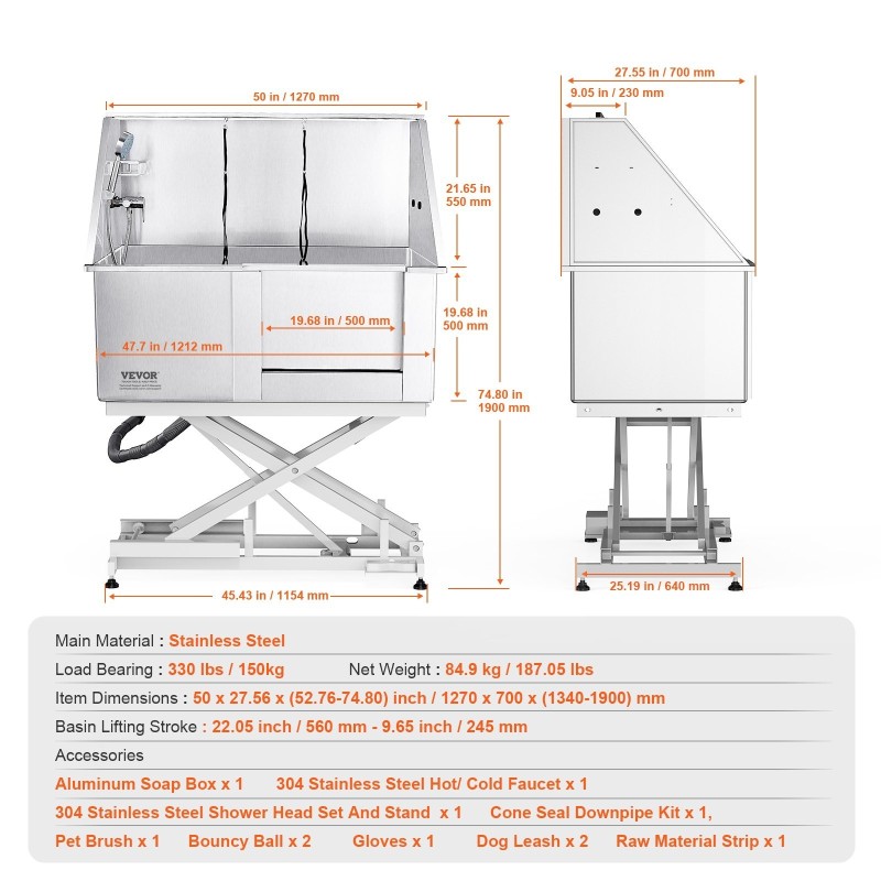 Lemmikkien ruostumaton teräskylpyallas 1270 mm sähkökorkeussäädöllä 150 kg