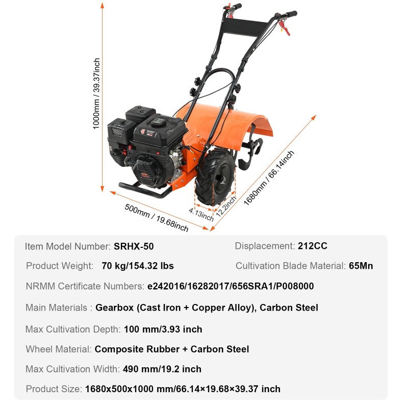 Bensiinikäyttöinen maanmuokkaaja 212 cc 4-tahtimoottori 490 mm leveys 4 säädettävät terät