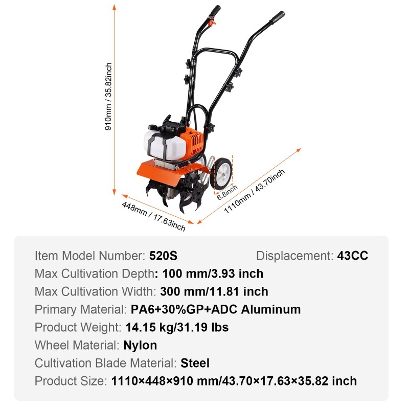 Bensiinikäyttöinen puutarhajyrsin 43 cm3 2-tahti 4 säädettävää terästä 300 mm puutarhaan