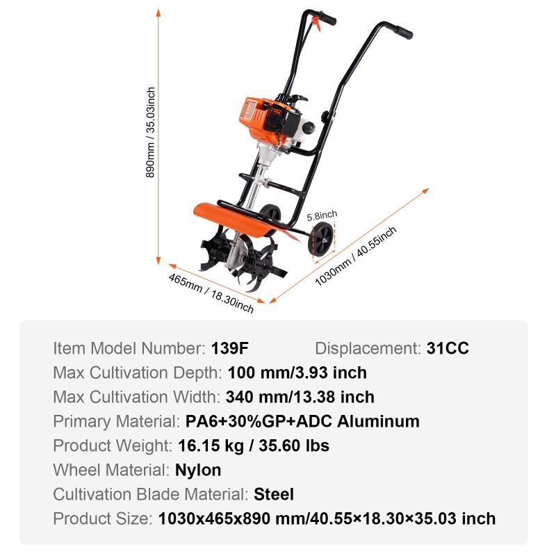 Bensiinikäyttöinen jyrsin 31cc 4-tahtinen 340mm leveä 100mm syvä 4 terää