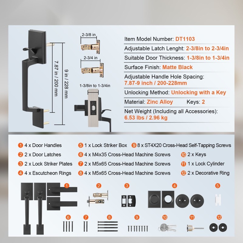 Kaksiosainen etuoven kahvasarja neliömäinen mattamusta messinki ja sinkki kääntyvällä kahvalla