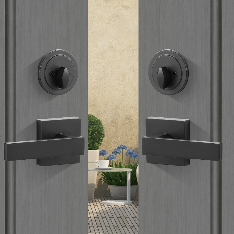 Kaksiosainen etuoven kahvasarja neliömäinen mattamusta messinki ja sinkki kääntyvällä kahvalla