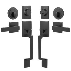 Kaksiosainen etuoven kahvasarja neliömäinen mattamusta messinki ja sinkki kääntyvällä kahvalla