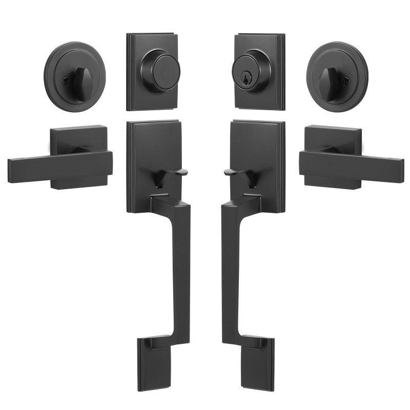 Kaksiosainen etuoven kahvasarja neliömäinen mattamusta messinki ja sinkki kääntyvällä kahvalla