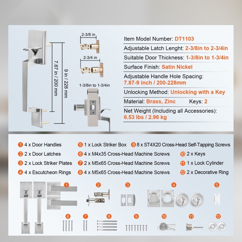 Kaksinkertainen ovenkahvasarja satiininikkelipinnoite messinki ja sinkki neliövipukahvat käännettävä avainlukolla etu- ja