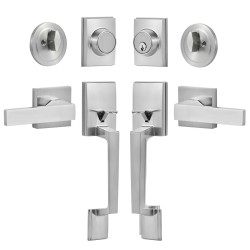 Kaksinkertainen ovenkahvasarja satiininikkelipinnoite messinki ja sinkki neliövipukahvat käännettävä avainlukolla etu- ja