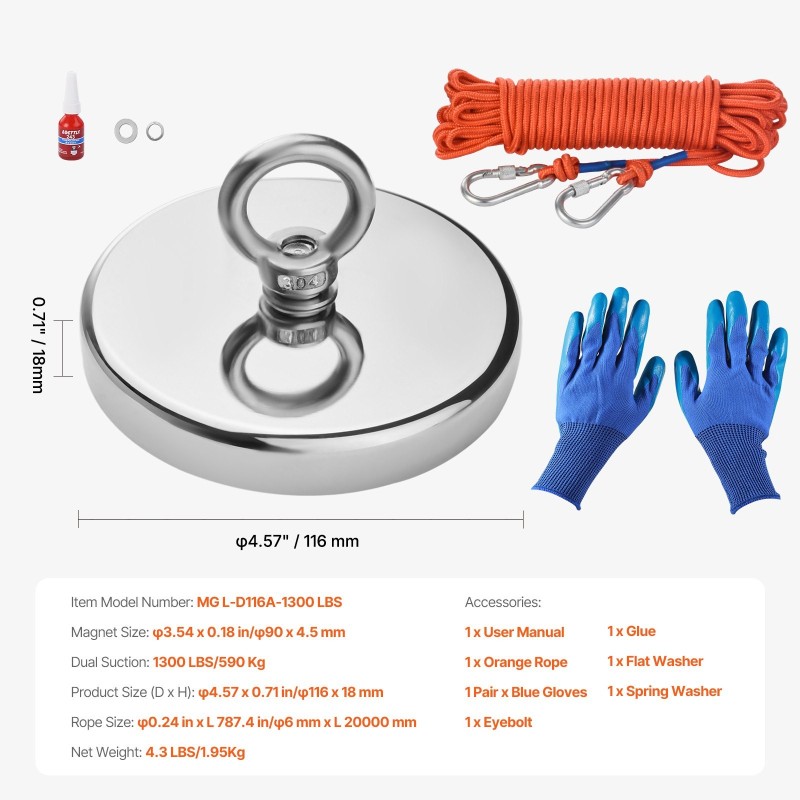 Magneettikalastussarja N35 neodyymimagneetti 590 kg vetovoima 20 m köysi sisältää tartuntakoukun
