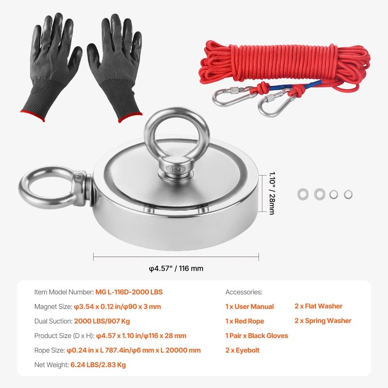 Magneettikalastussarja kaksipuolinen neodyymimagneetti 907 kg vetovoima 6 mm köysi 20 m