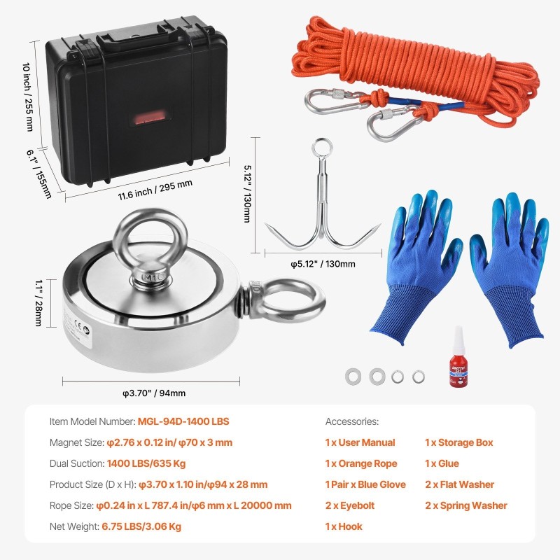 Magneettikalastussarja N35 neodyymimagneetti 635 kg vetovoima 6 mm köysi 20 m PP-säilytyslaatikko