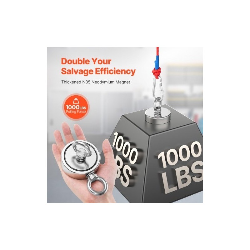 Magneettikalastuspakkaus N35-neodyymimagneetti 454 kg vetovoima kaksipuolinen sisältää köyden haavin käsineet ja silmukkapultin