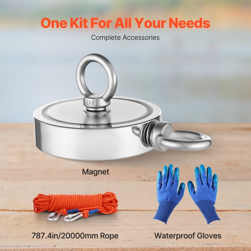 Magneettikalastussarja neodyymimagneetilla 907 kg vetovoima kaksipuolinen sisältää koukun ja hanskat