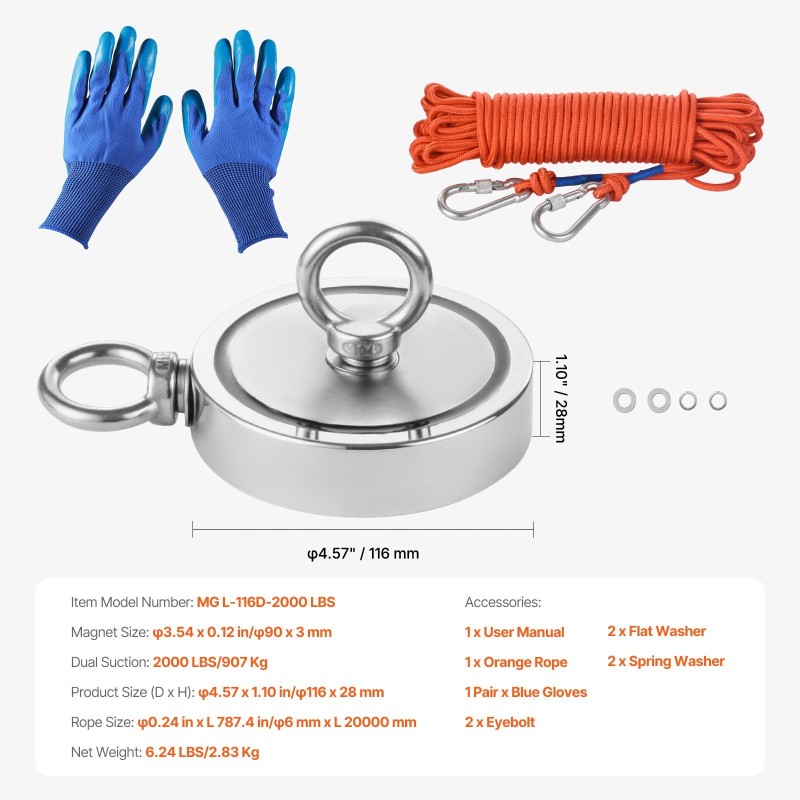 Magneettikalastussarja neodyymimagneetilla 907 kg vetovoima kaksipuolinen sisältää koukun ja hanskat