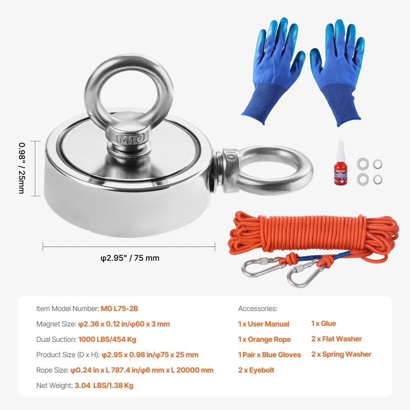 Magneettikalastussarja N35-neodyymi 454 kg vetolujuus 60 mm magneetti koukku ja köysi mukana