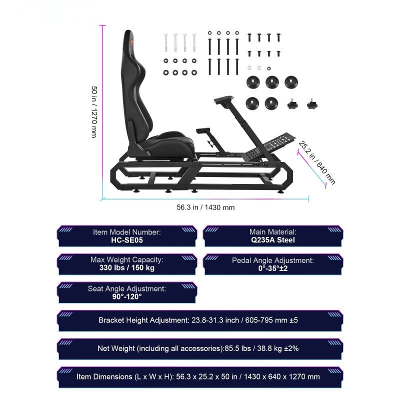 Rattiteline ajosimulaattoriin hiiliteräsrunko säädettävä korkeus ja poljinlevyn kulma kangasistuin