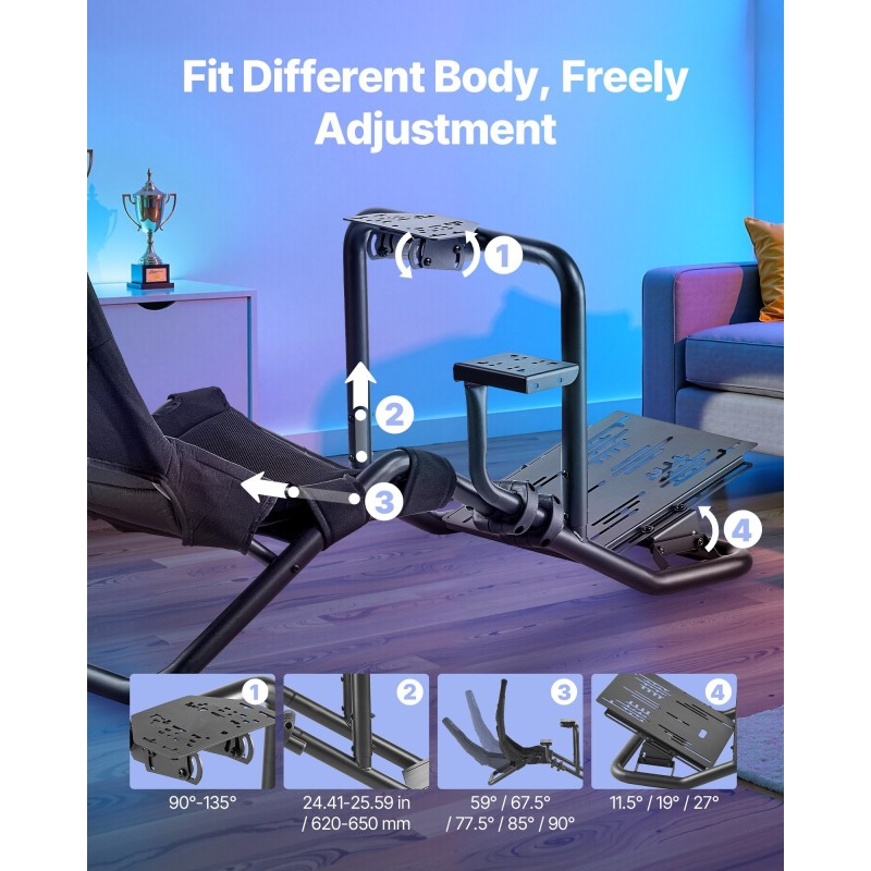 Ajosimulaattorin hiiliteräsrunkoinen ohjaus ja poljinjalusta musta 180 kg yhteensopiva suosittujen rattien kanssa